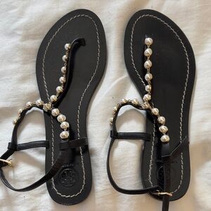 Tory Burch Black Sandals with Pearl Accents